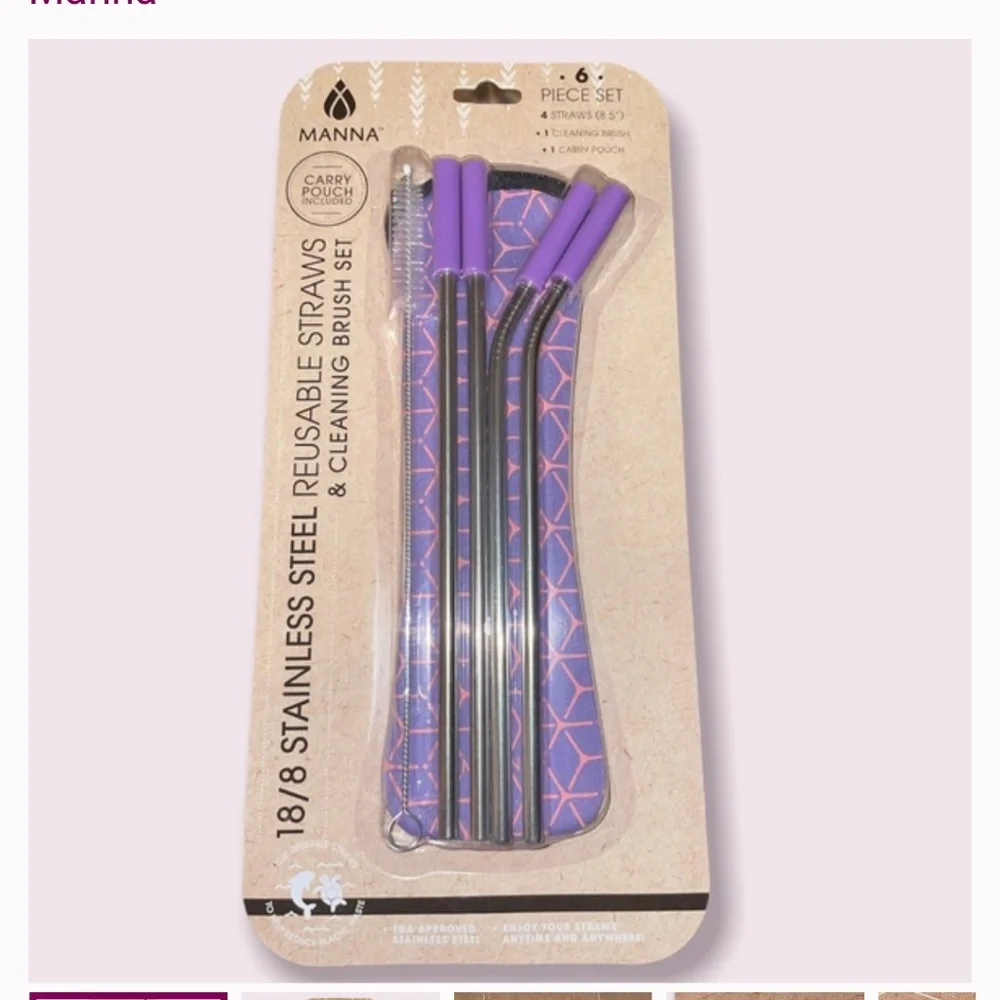 NWT Manna stainless steel reusable straws & cleaning brush set -with zip…